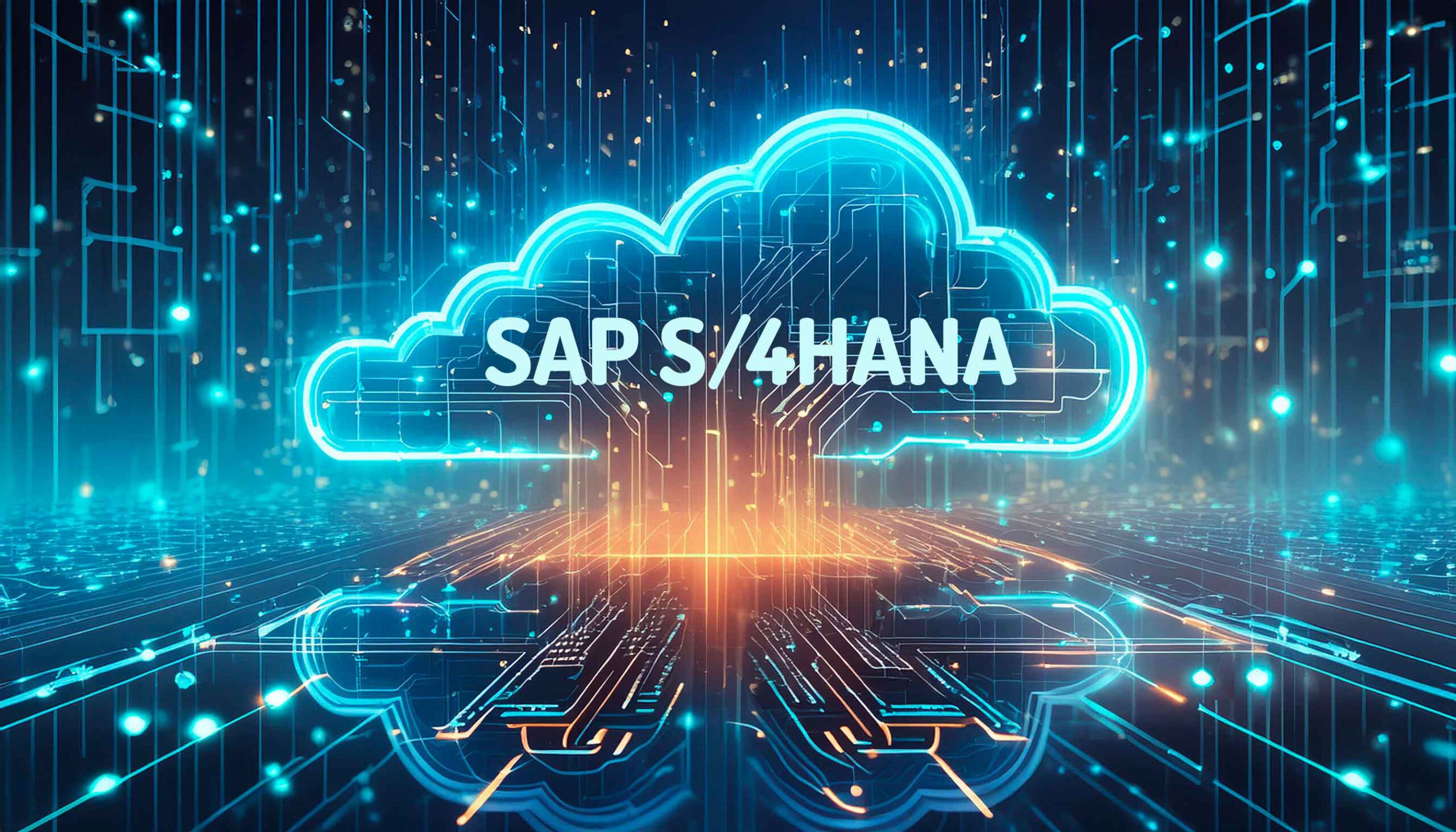 nuvola con effetto neon centrale e con simboli tutto intorno di tecnologia, linee e punti luminosi che confluiscono nella nuvola, al centro della nuvola la scritta sap s4hana